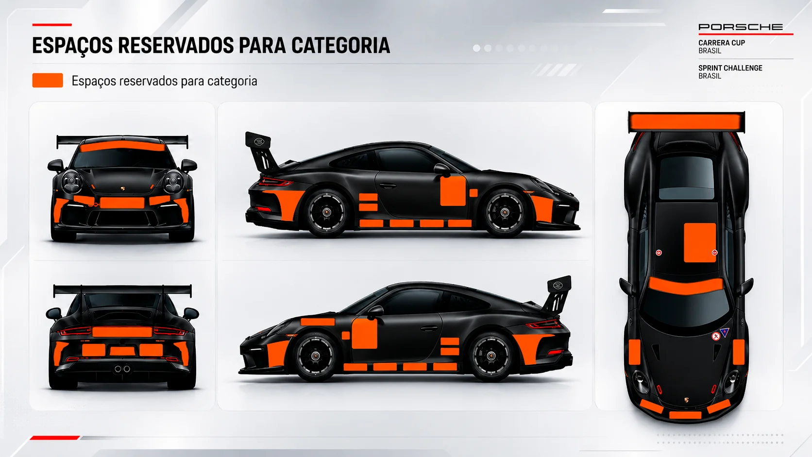 Espaços reservados para categoria nas laterais, capô e teto do carro